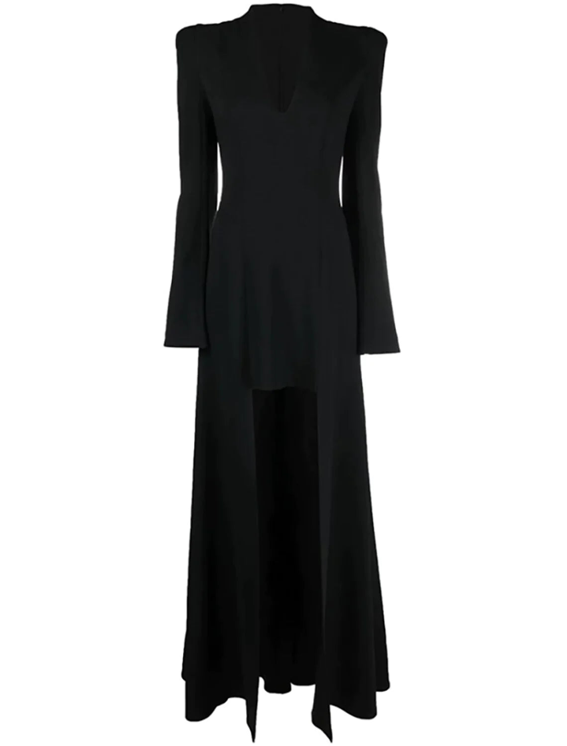 A-Linien-Abendkleid, elegantes Kleid, formell, asymmetrisch, schwarzes Kleid, langärmlig, V-Ausschnitt, Stretchstoff mit Falten